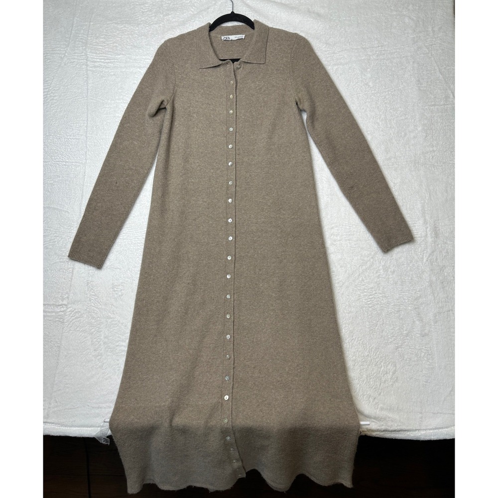 Zara Knit Button Front Maxi Dress Womens Medium Taupe Brown Long Sleeve Polo